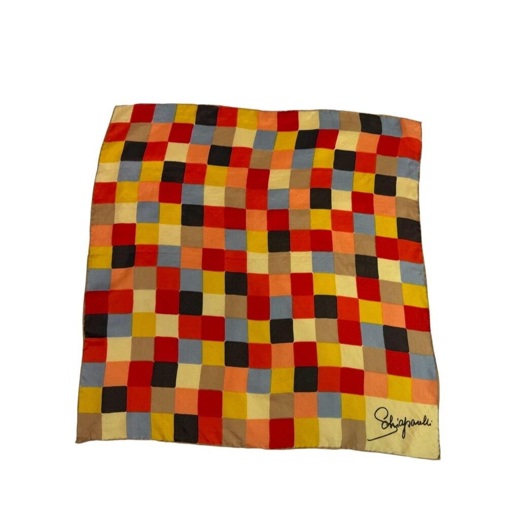 Vintage Schiaparelli Silk Square Scarf Colorful Blocks Hand Sewn Edges 22" x 22"